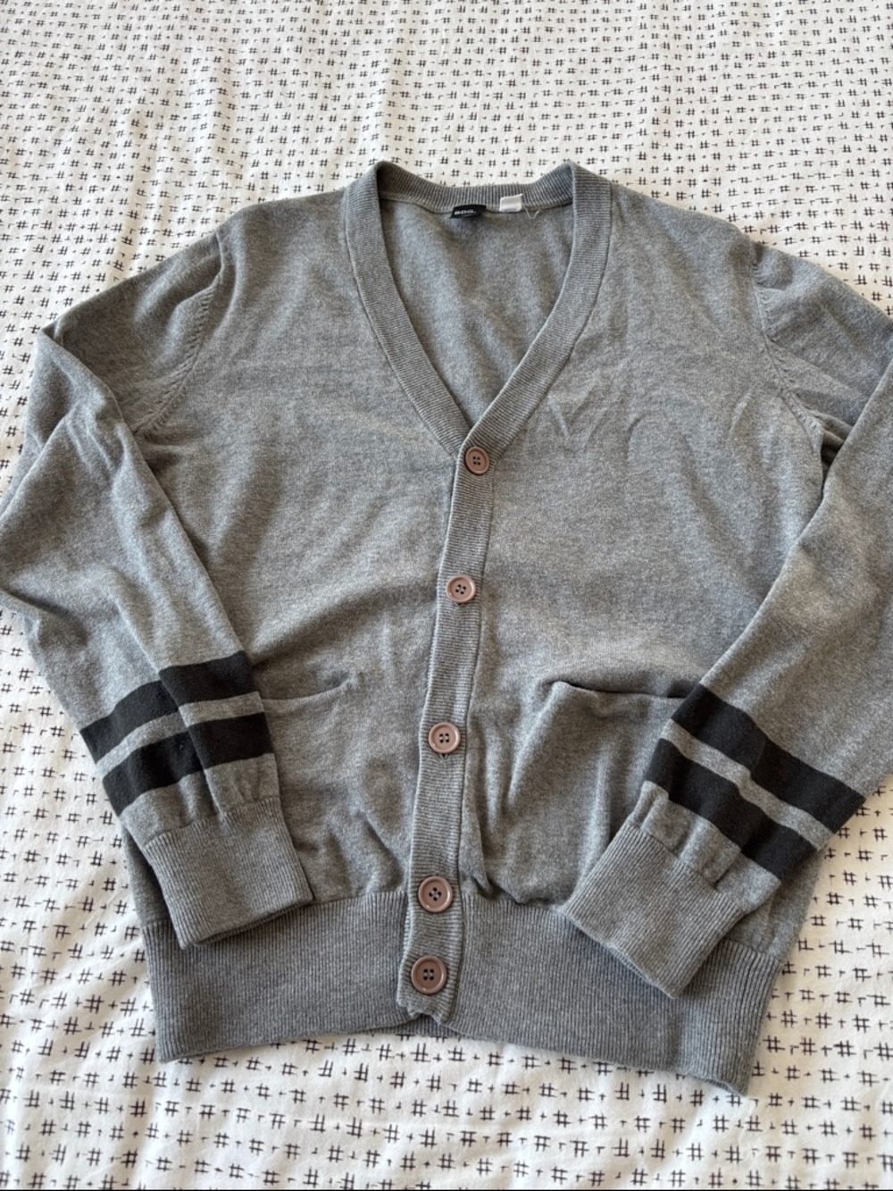 BDG varsity cardigan, gray w/black stripes on arms, pockets, button, size M